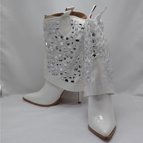 Lauren Lorraine Elegant Crystal-“Hana” Embellished White Boots - Picture 3 of 5